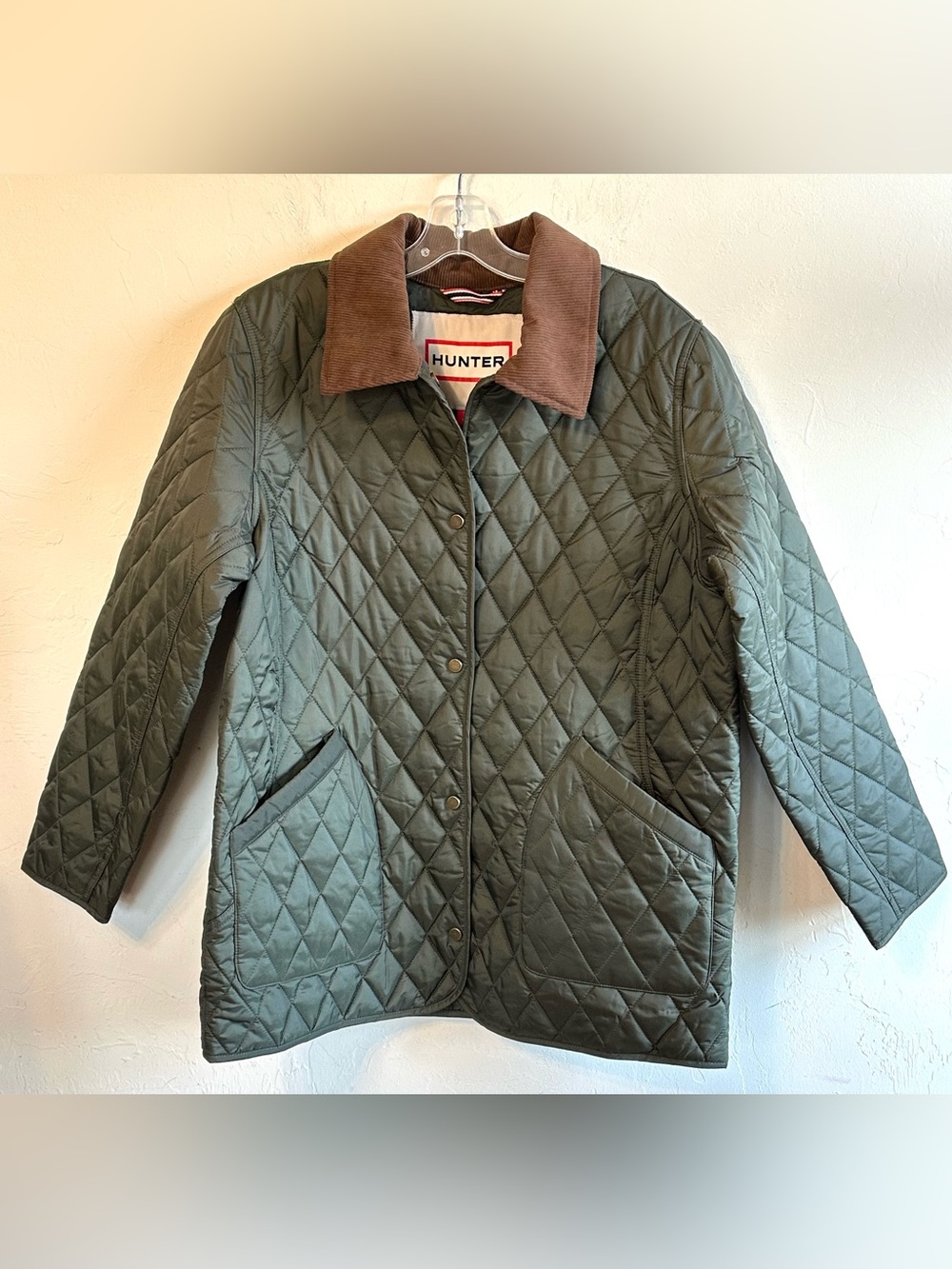 NWT Hunter Women's Quilted Olive Snap Front Jacket Brown Corduroy Collar Sz L